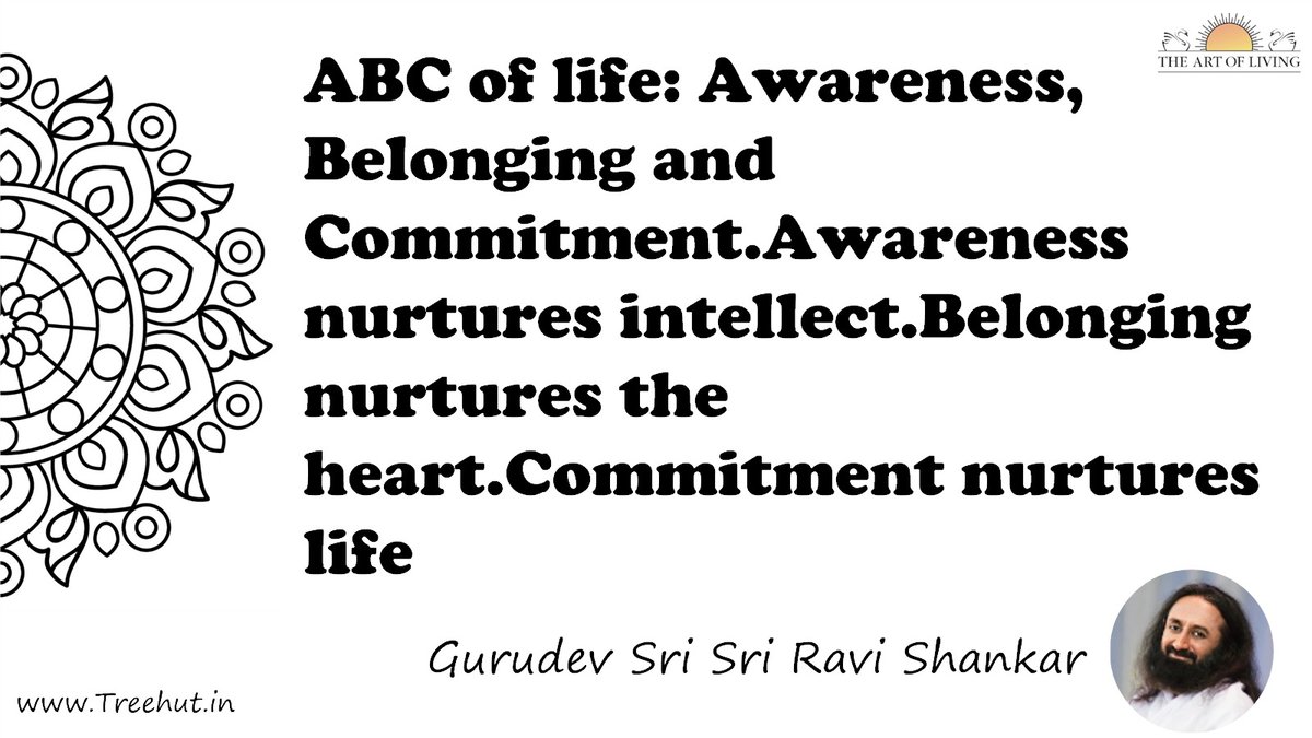 ABC of life: Awareness, Belonging and Commitment.Awareness nurtures intellect.Belonging nurtures the heart.Commitment nurtures life Quote by Gurudev Sri Sri Ravi Shankar, coloring pages
