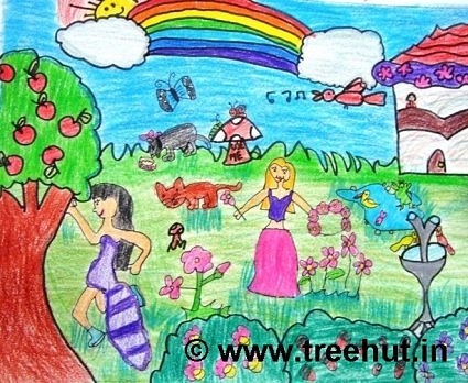 Garden scene in crayons by primary school child