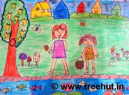 Outdoors colored in crayon colors by primary school kid, India