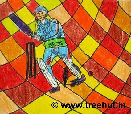 Cricketer on Abstract art background by children, Lucknow, India