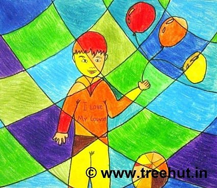 Figure with Abstract art work by children, Lucknow, India