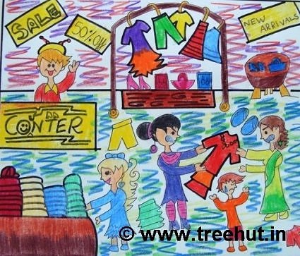 Shopping with kids, Crayon art, India