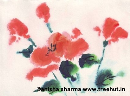 Water colour painting of roses in the garden by Anisha Sharma