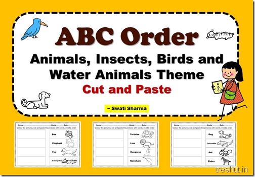 ABC Order Animals, Insects, Birds and Water Animals Theme Cut and Paste  Worksheets